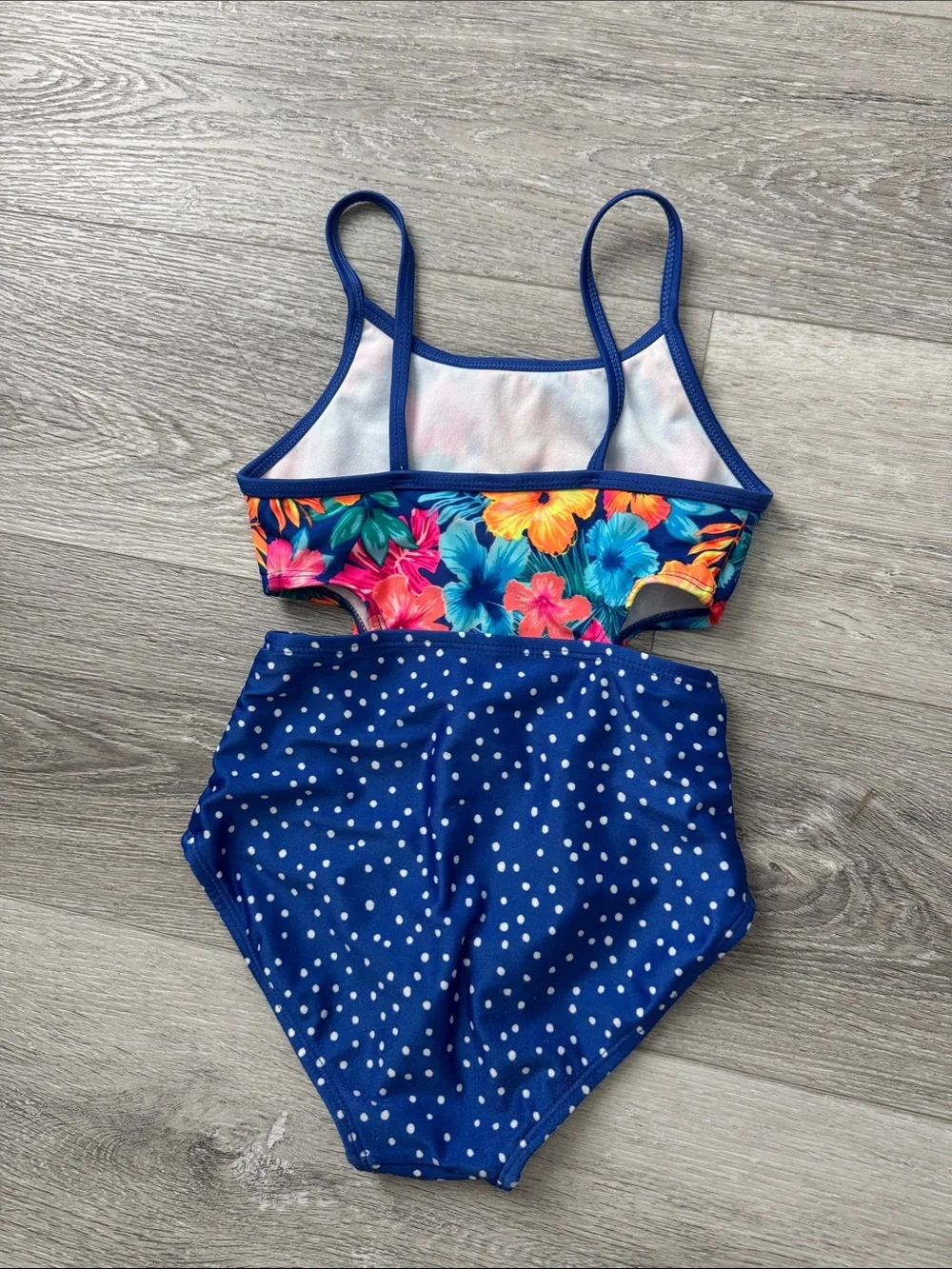 Cat & Jack Girls' Navy Floral & Polka Dot One-Piece Swimsuit w/Peek a Boo Sides